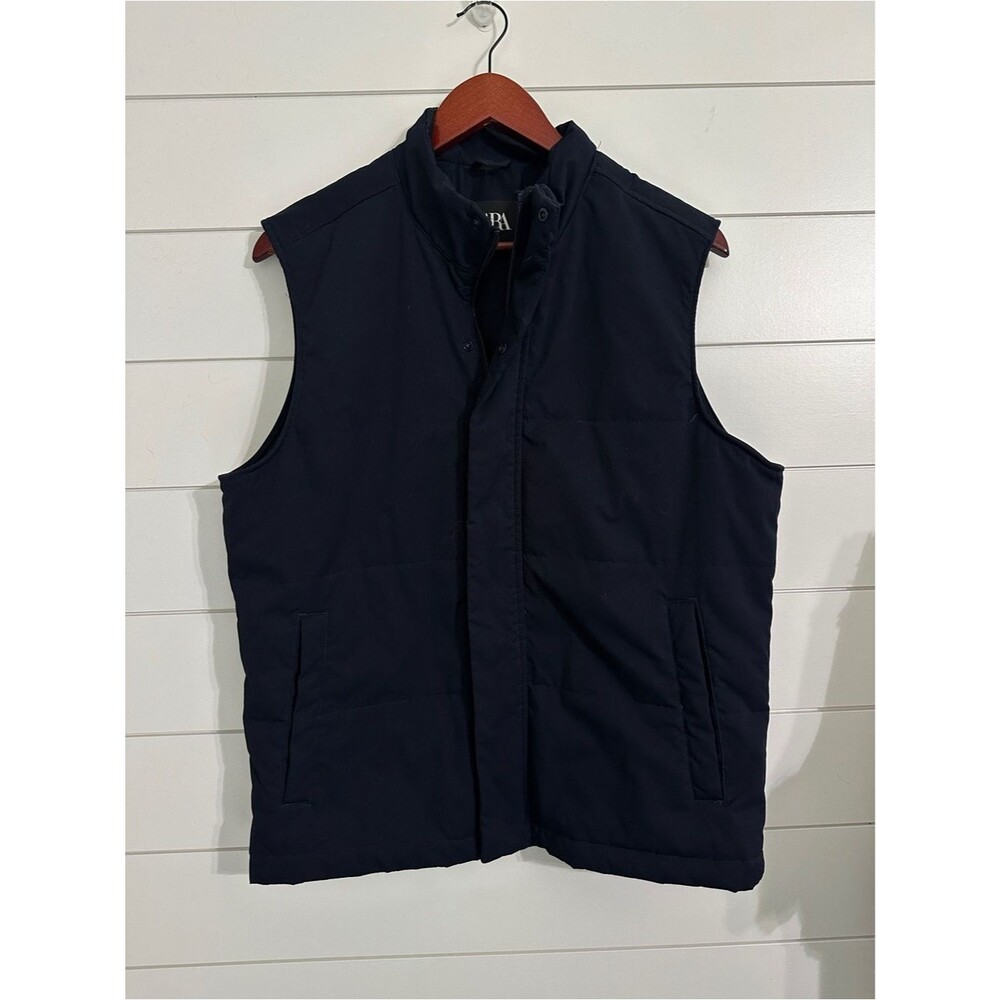 Zara Mens Padded Vest Size Medium Navy Blue Winter Layer Full Zip
